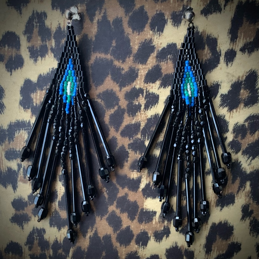 Vintage XL Chipita Black Blue Glass Beaded earrings